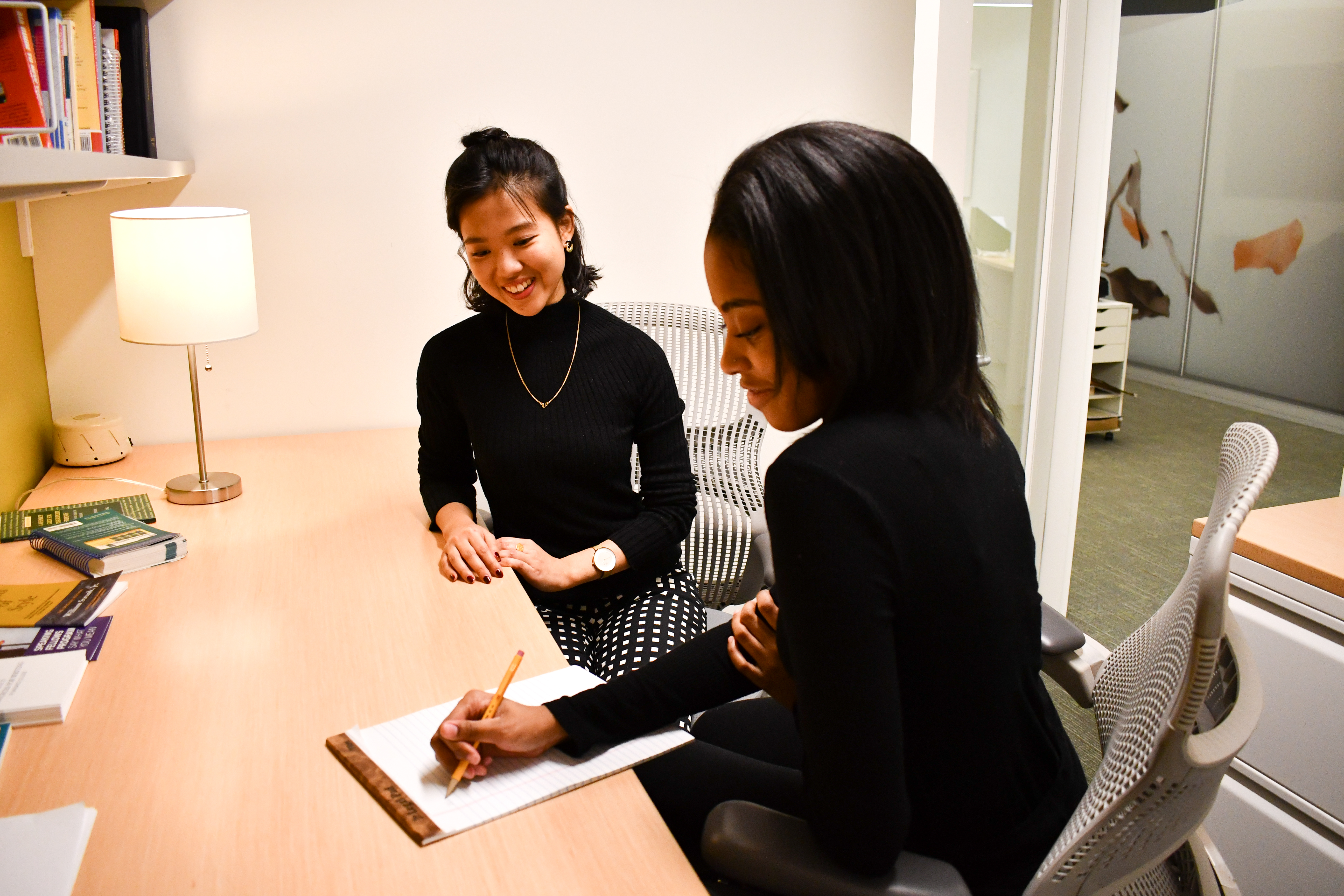 A student and Writing Fellow meet in the Writing Center 