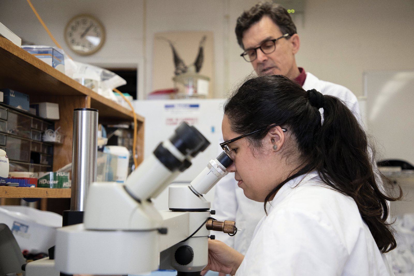 Student looking through a microscope with her mentor.