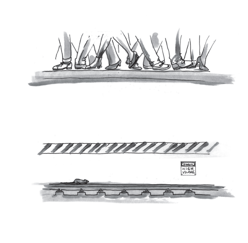 illustration of a subway platform as viewed from rat level — above, a crowd of feet stands on the platform, while below a rat runs on the tracks