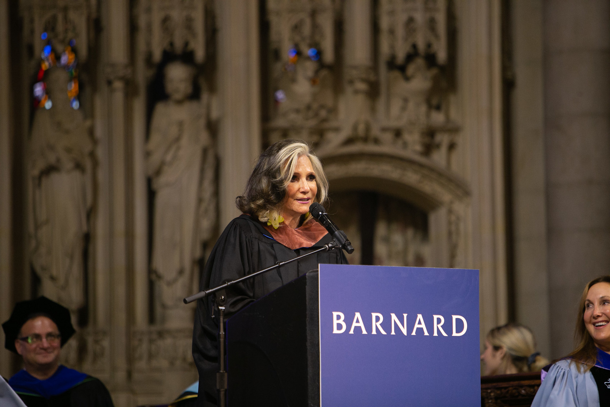 Sheila Nevins at the podium in Riverside Church while speaking at Convocation in 2019