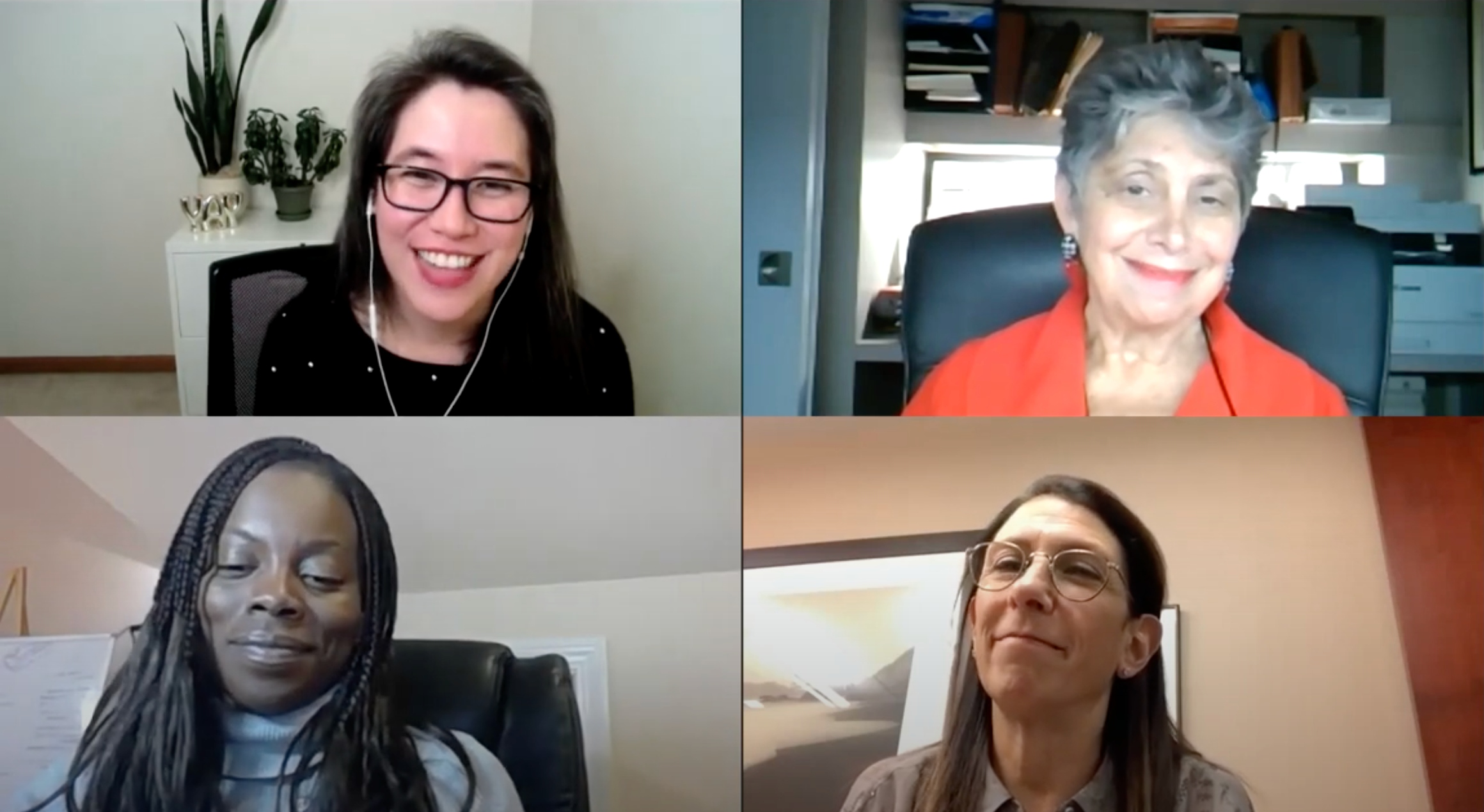 A Zoom screenshot shows four women in different offices