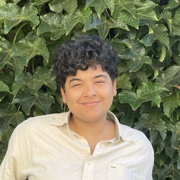 Daniela Plaza wearing a white button up, posing in front of a wall of green ivy.