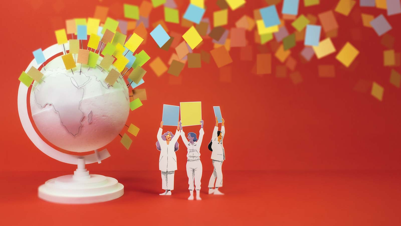 3D illustration of a white globe emitting many colored protest signs and 3 women holding up signs