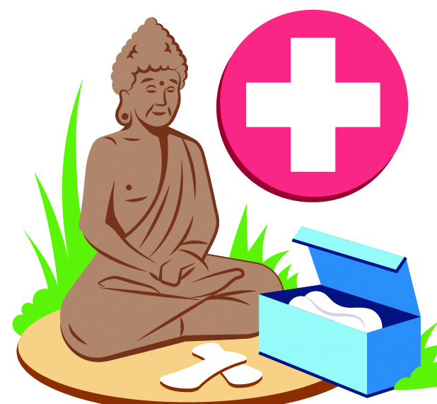 An illustration of a Buddha overlooking medical supplies 