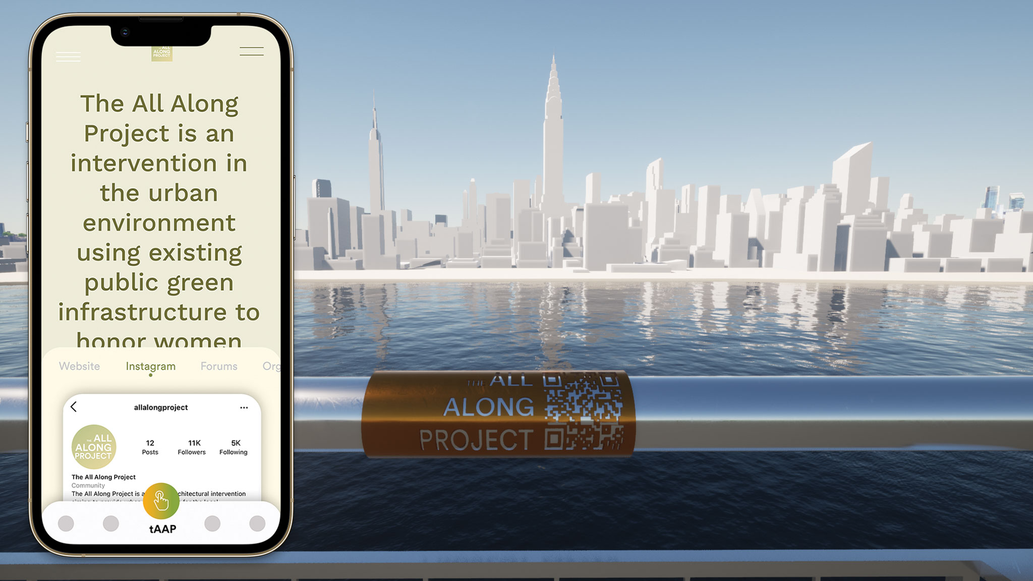All Along Project instagram app in front of a new york city skyline