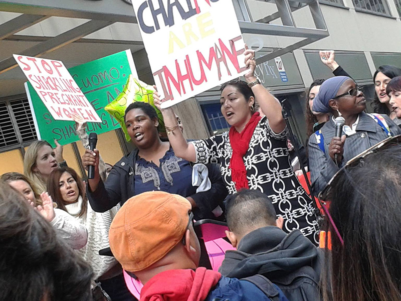 Protesters demonstrate against shackling of women prisoners in 2015.