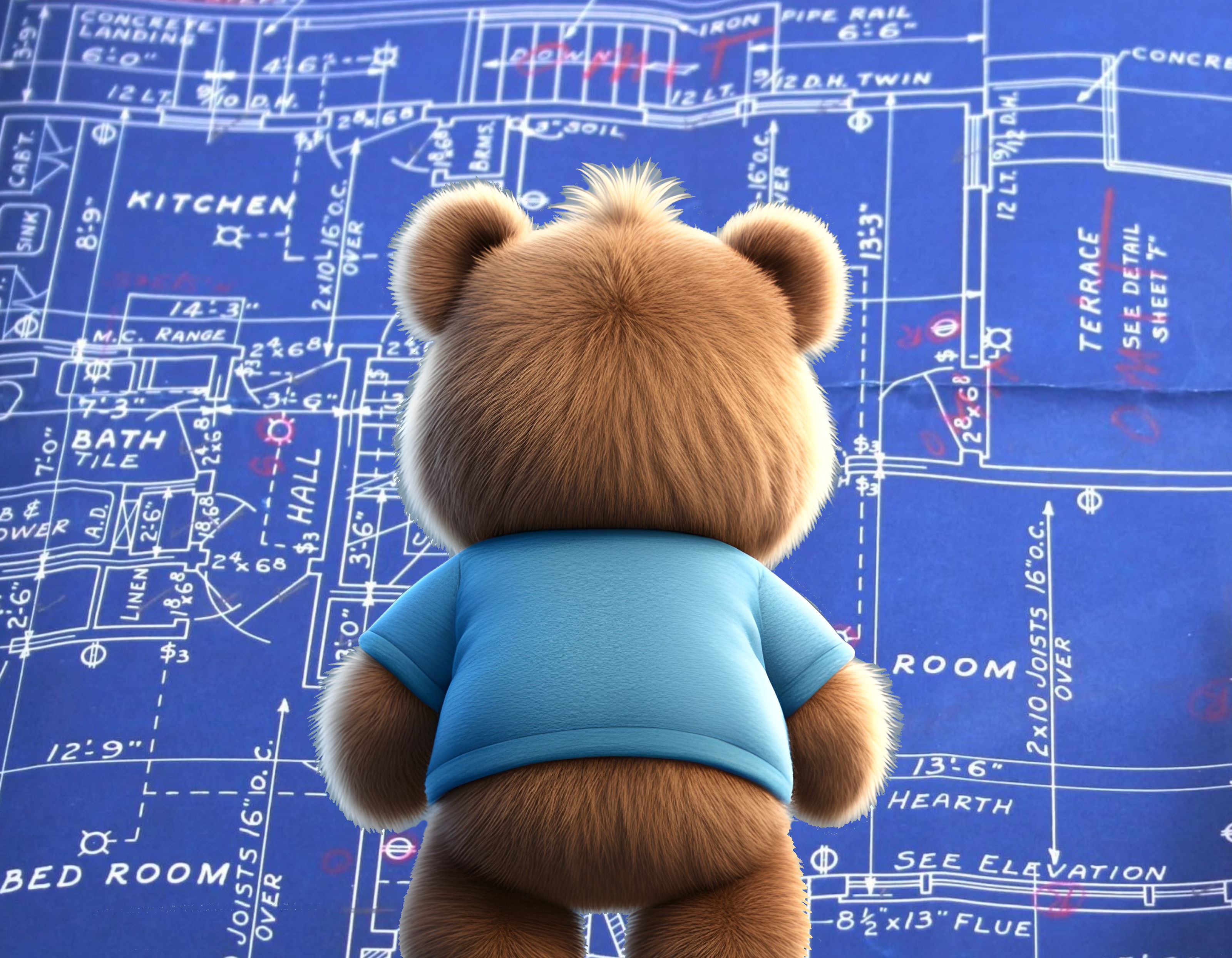 Bear in front of blue prints