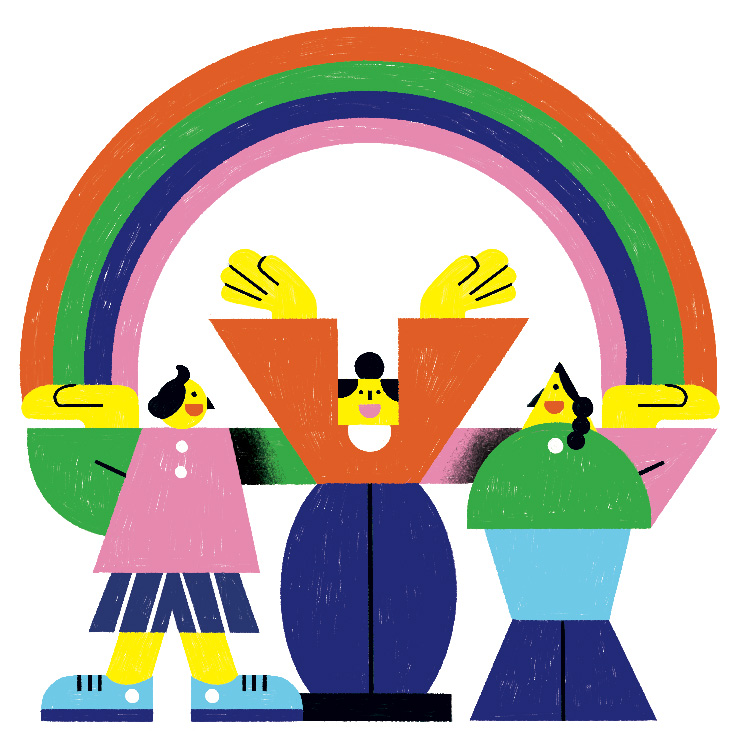 colorful illustration of three figure figures holding up a rainbow