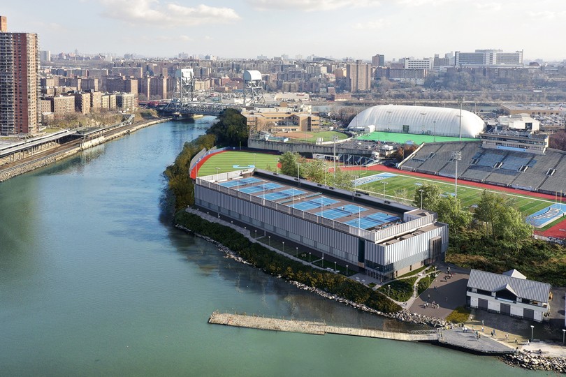 Overhead view of the tennis center and river