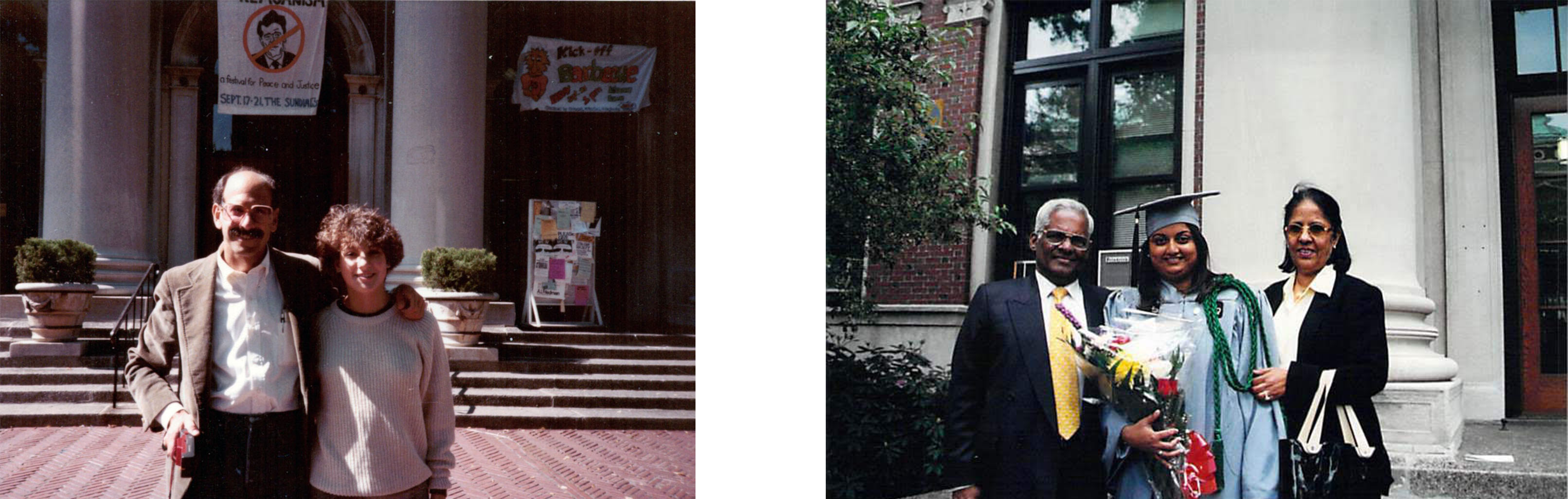 Photos of Amy and Jyoti with their families when they attended Barnard