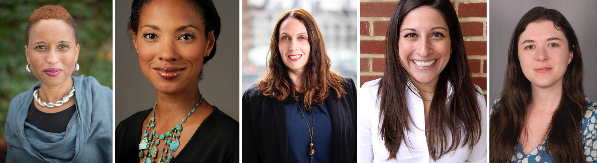 Headshots of Miriam Neptune, Kaiama Glover, Mary Rocco, Jennifer Rosales, and Martha Tenney 