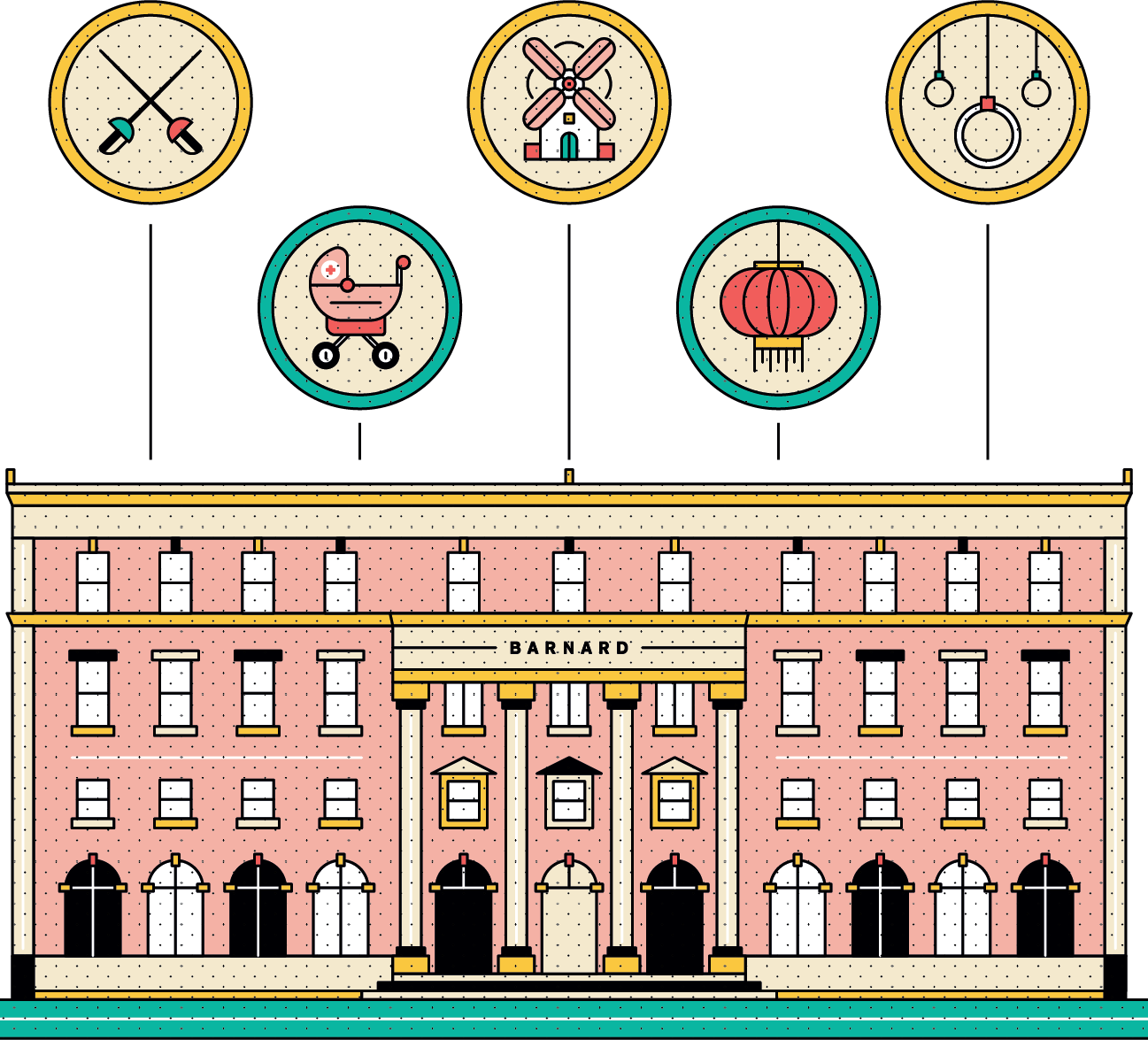 ​  activity badges over barnard hall illustration​