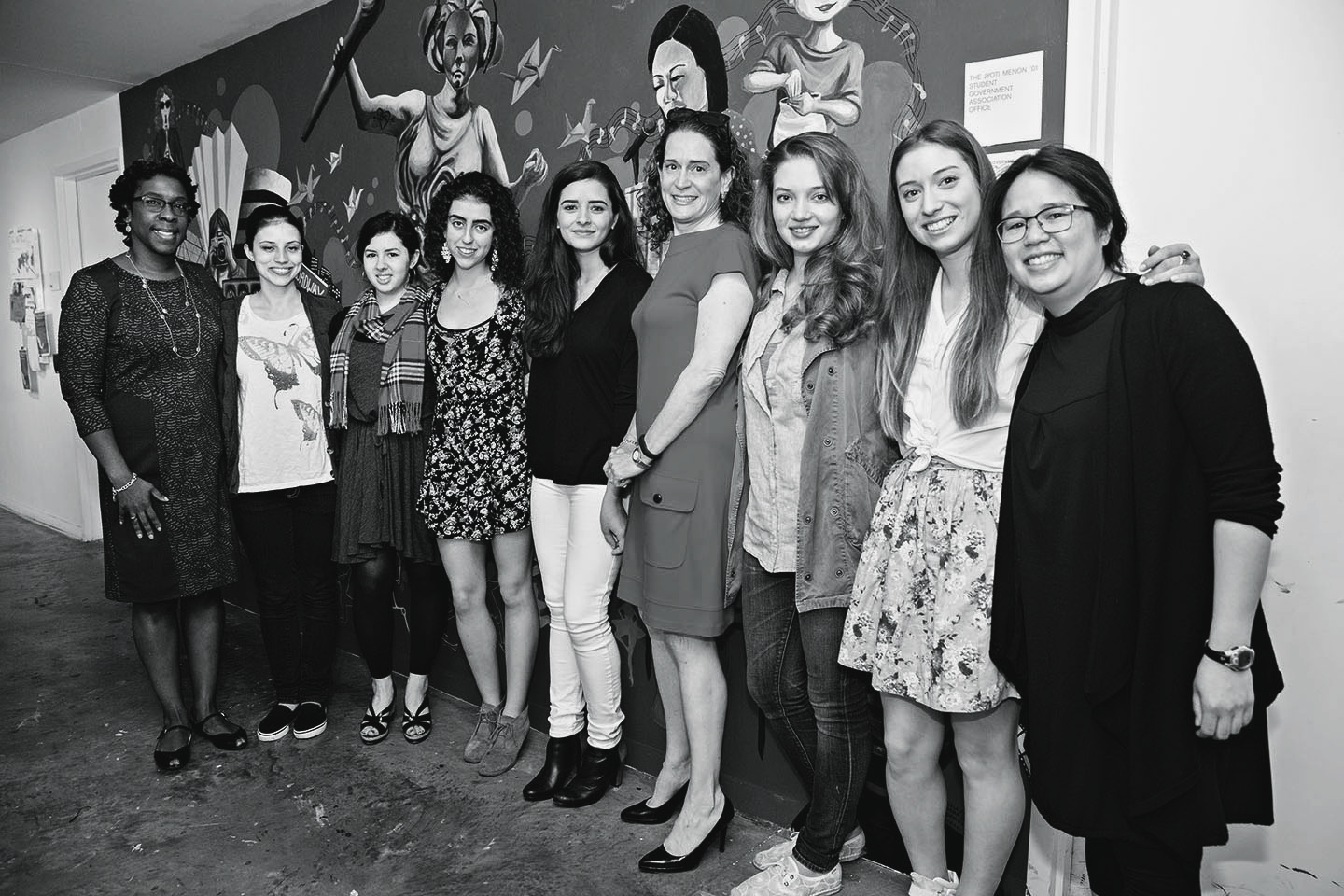 Dean of the College Avis Hinkson, Asia Cunningham, Sasha Brenman, Joanne Raptis, Rachael Dottle, Barnard President Debora Spar, Adrienne Nel, Emily Shoyer, and Alina Wong at the official unveiling of the mural on the third floor of The Diana Center 