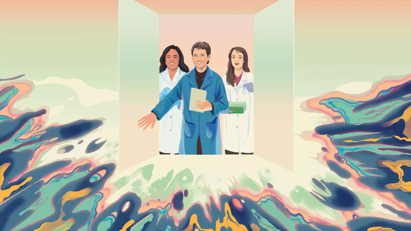 drawing of 3 female researchers in lab coats opening doors