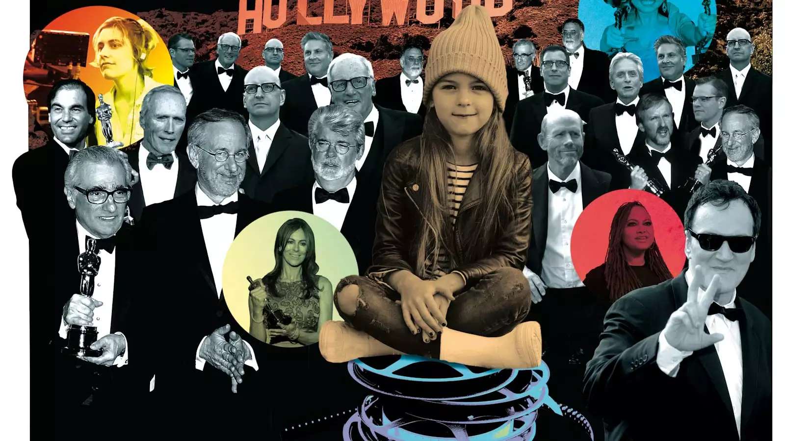 collage showing 2 dozen white men winning Oscars amid a handful of women