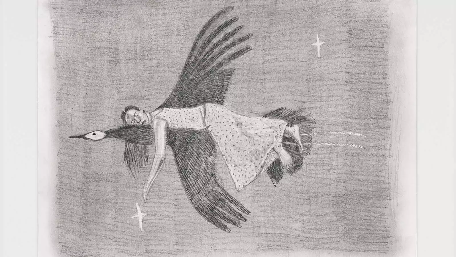  Megan Tighe ’23 Graphite on paper of woman resting atop a flying bird