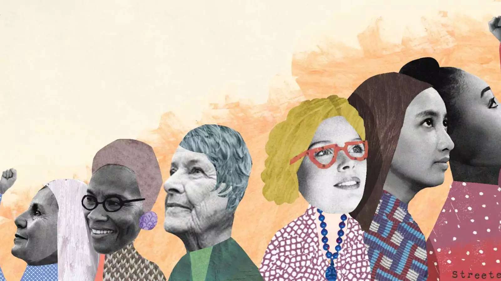 Faces of activists in an illustrated collage