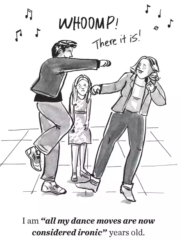 Comic of adults dancing with caption, all my dance moves are now considered ironic