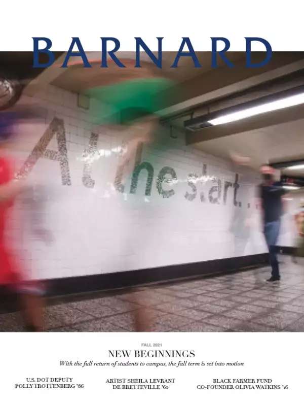 Blurred People rushing in the subway with title "Barnard: New Beginnings"