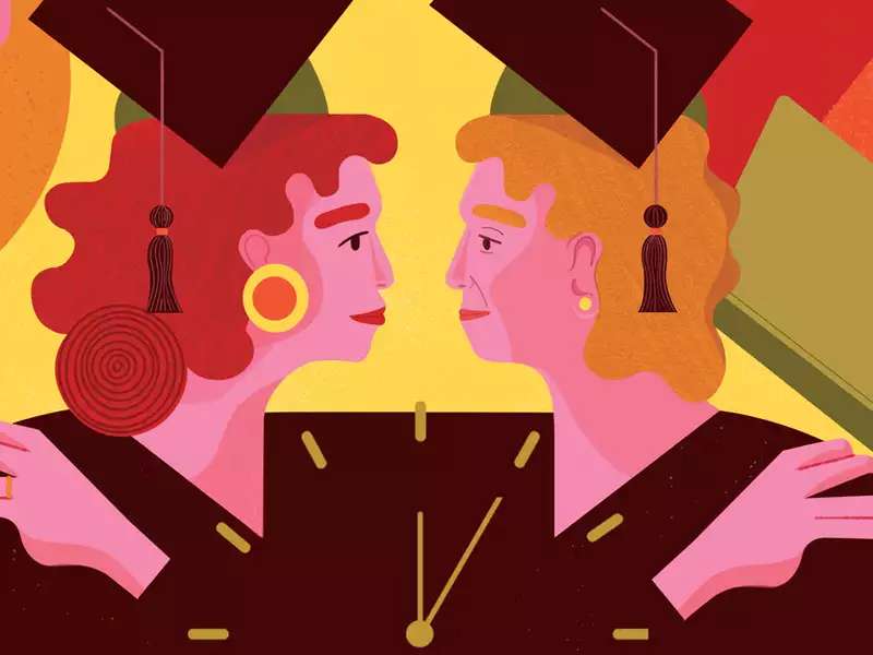 Illustration of two women in graduation caps facing each other