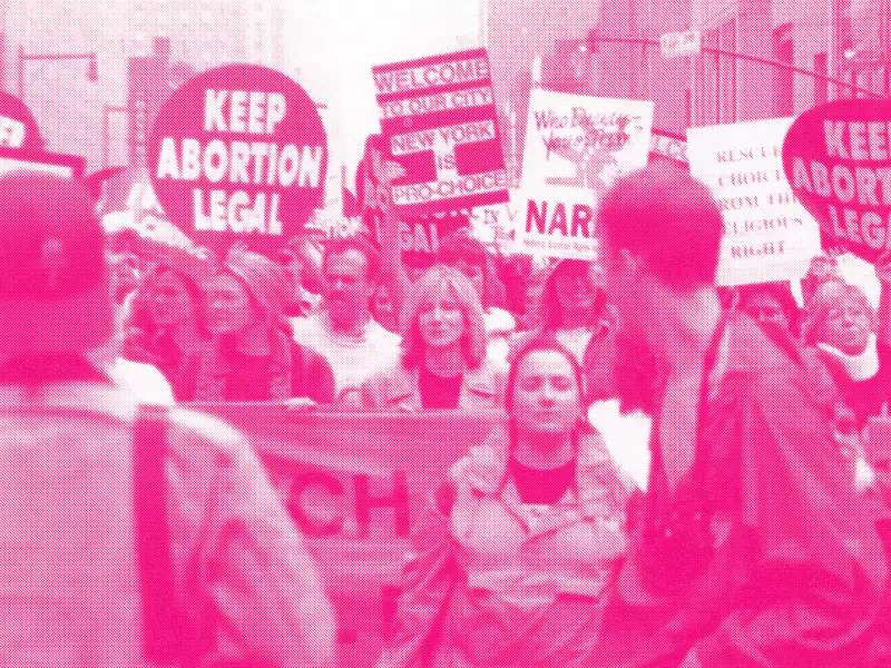 Abortion protest from 1980s with people holding signs such as "Keep Abortion Legal"