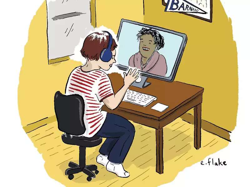 Woman speaking to another via computer--ilustration